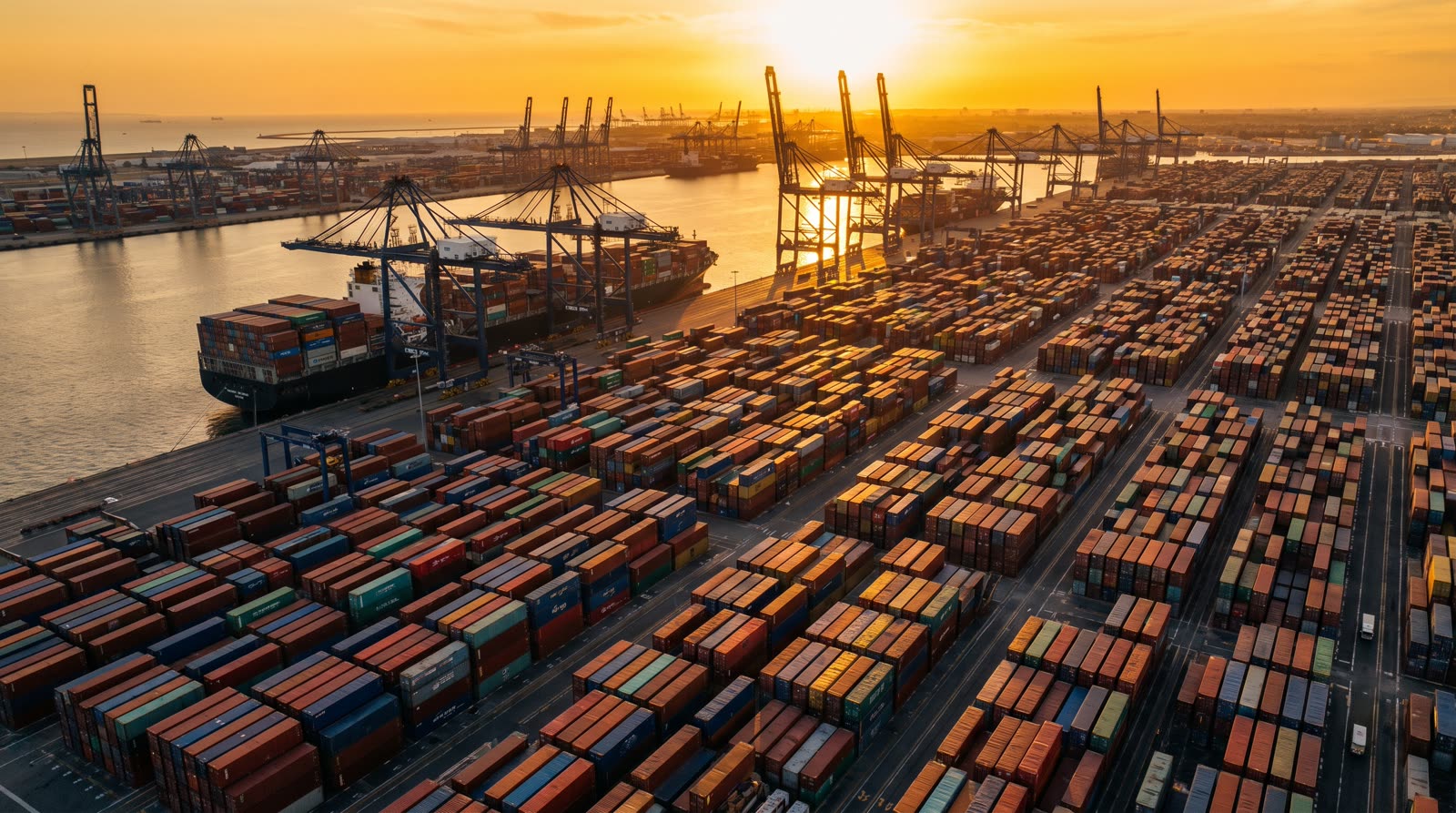Aerial view of a busy container port at golden hour